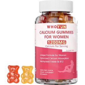 Calcium Gummies for Women 1200 mg, Unique Formula with Folate, B6, B12, D3, Magnesium, Zinc, Calcium Citrate Chewable Supplement for Bone, Skin Health, 60 Count