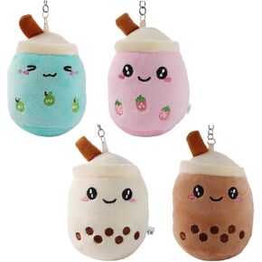 4Pcs Charming Fruit Milk Tea Cup Plush Keychains Super Soft Animal for Bags Backpacks Purses Adorable Gifts