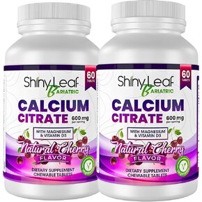 Shiny Leaf Bariatric Calcium Citrate Chews - 600mg, with Vitamin D 3 Plus Magnesium - Chewable Supplements for Women and Men, Bariatric Patients Vitamins for Bone and Joints Health, 60 Count, Cherry