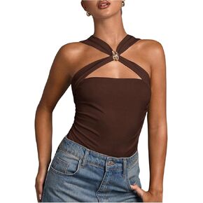 MakeMeChic Women's Criss Cross Halter Bodysuit Ring Cut Out Sleeveless Fitted Leotard Tops