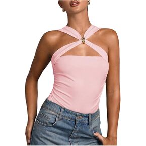 MakeMeChic Women's Criss Cross Halter Bodysuit Ring Cut Out Sleeveless Fitted Leotard Tops in Kuwait