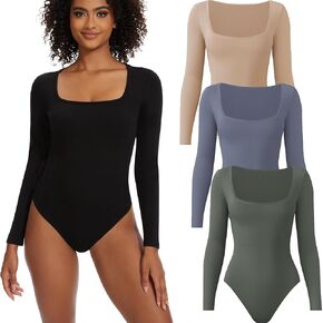 TVKSOM 5/3/1 Pack Long Sleeve Body Suits Womens Square Neck Casual Stretchy Basic Shirts Body suit Tops