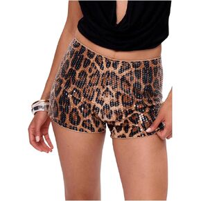 SHENHE Women's Leopard Print Sequin Shorts Low Rise Sparkly Mini Shorts Y2k Sexy Rave