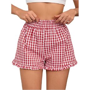 SweatyRocks Women's Summer Shorts Elastic Waist Wide Leg Ruffle Hem Plaid Shorts