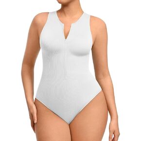 FeelinGirl Bodysuits for Women Seamless Body Suit Invisible Zip Up Crew Neck Slimming Ribbed Basic Tank Tops