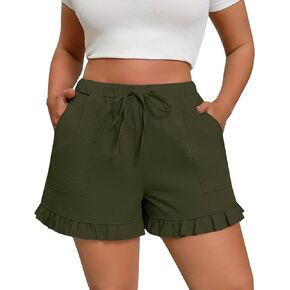 Women's Plus Size Casual Shorts Drawstring Elastic Waist Linen Shorts Summer Wide Leg Lounge Shorts with Pockets
