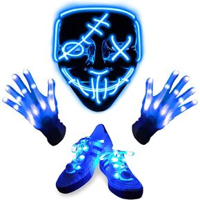 Camlinbo 3 Set Halloween LED Mask Light up Gloves with Shoelaces, Scary Glow in the Dark Mask Halloween Costume Party Adults Kids (Blue)