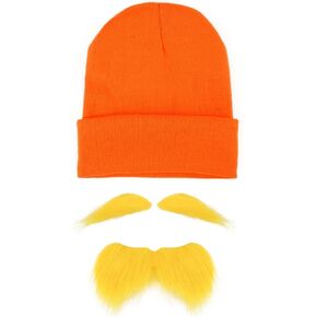 Kavoc Halloween Orange Role Play Costume Set Knit Hat and Yellow Self Adhesive Mustache Eyebrows Set