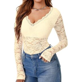 LYANER Women's Sexy Lace Bodysuit Deep V Neck Body Suits Sheer Long Sleeve Slim Fit Leotards Tops