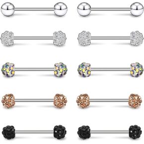 10Pcs CZ Tongue Rings 16G Tongue Piercing with Straight Stainless Steel Barbell Bar Piercing Jewelry 14mm Length