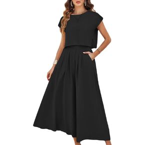 Mingzhu Womens 2 قطعة تتنورة مجموعة الصيف كاب الكاب العادي قمم محصول مجموعات الفستان Maxi مع جيوب