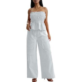 CHERFLY Women's 2 Piece Outfits 2025 Summer Sleeveless Sweatsuits Tube Top Cargo Pants with Pockets Casual Tracksuits