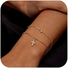 Gold Bracelets for Women,Dainty Gold Cross Bracelet 14K Gold Plated Beaded Bracelets for Women Trendy Bracelet Stack Pearl Bracelet Set Waterproof Chain Bracelet Gold Jewelry for Women Baptism Gifts