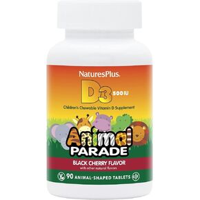 Natures Plus Animal Parade فيتامين D3 أقراص قابلة للمضغ للأطفال - نكهة الكرز الأسود - 90 قرصًا على شكل حيوان، عبوة من 2 - خالية من الغلوتين، نباتية، لا تسبب الحساسية - 180 وجبة إجمالية