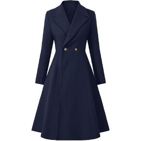 Sexyshine Women's Winter Double Breasted Trench Coat Notch Lapel Collar Wool Blend Pea Coat Swing A Line Long Overcoat