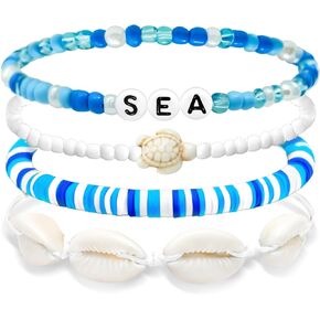 Beach Bracelets for Women Bohemian Stackable Heishi Surfer Bracelet Set Elastic Seashell Starfish Boho Friendship Bracelets for Summer Beach Party Holiday Vacation Jewelry