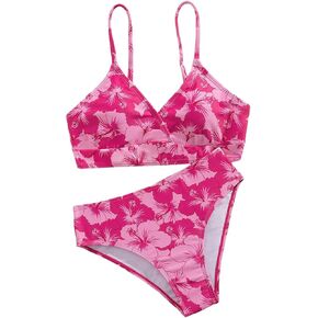 MakeMeChic Girl's Floral Bikini Set V Neck Wrap Backless Summer Bathing Suit 2 Piece Swimsuit