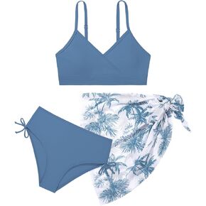 Teen Girls Swimsuit 3 Piece V-Neck Color Block Floral Print Bikini Set with Cover Up Skirt Swimwear Bathing Suits 9-16Y
