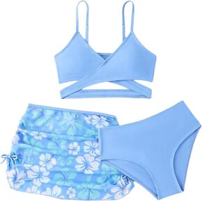 Verdusa Girl's 3 Piece Bathing Suit Cut Out Criss Cross Swimsuit with Floral Beach Skirt