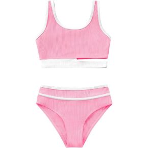 Girls 2 Piece Swimsuit Double Strap High Waist Sporty Bathing Suit Color Block Girls Bikinis Set Size 3-10