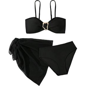 SweatyRocks Girl's 3 Piece Swimsuit High Waist Spaghetti Strap Bathing Suit with Mesh Sarong Wraps