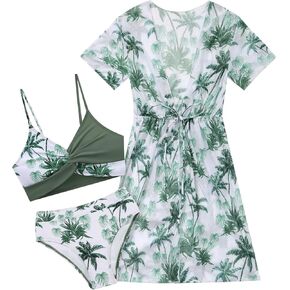 Weixinbuy Girls 3 Piece Swimsuits Tropical Print Bathing Suit with Drawstring Criss Cross Bikini Set Cover-up for Teen Girls
