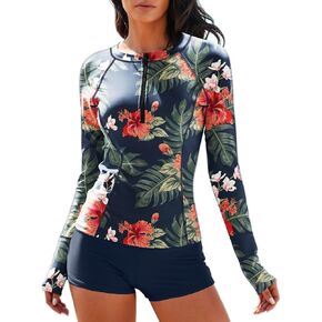 Women Two Piece Rash Guard Long Sleeve Half-Zipper UPF 50 Athletic Surfing Swimsuit