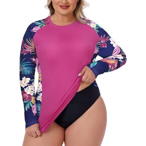 Zamowoty Women's Plus Size Rash Guard Long Sleeve Swim Shirt UPF50+ Sun Protection Loose Fit Quick Dry Swimsuit Tops