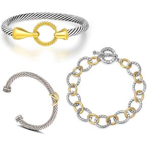 3Pcs Twisted Cable Cuff Bracelets Set, Trendy Gold and Silver Bangle Two Tone Bracelet Designer Dupes Adjustable Mixed Metal Jewelry for Women (Cuff and Chain B)