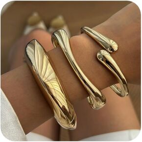 سوار Boho Gold Cuff Bangle مجموعة للنساء - ماء مكتنزة غير منتظم المجوهرات القابلة للتكديس على نطاق واسع