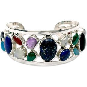 NOVICA Artisan Handmade Lapis Lazuli Pearl Cuff Bracelet Sterling Silver Multigemstone Jewelry Malachite Carnelian Garnet Amethyst Onyx Multicolor India Birthstone [5.5 in L (end to End) x 1.2 in W]