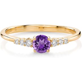 Gem Stone King 10K Yellow Gold Purple Amethyst and White Lab Grown Diamond Engagement Ring For Women (0.34 Cttw, Round 4MM, Gemstone February Birthstone, Available In Size 5, 6, 7, 8, 9)