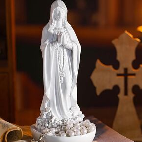 Our Lady of Lourdes Statue Figurine 8'' Bright Ivory Virgin Mary Statue Blessed Catholic Mother Mary Garden Statue Resin Stone Tabletop Rosary Holder Home Office Religious Gifts Decor