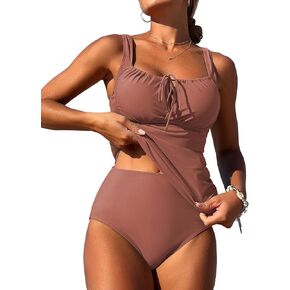 ZAFUL Women's Tankini Swimsuits Tummy Control High Waisted Bikini Sets Lace Up Front Bathing Suits with Bikini Bottoms