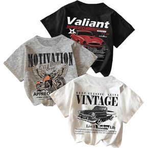 Boy's 3 Packs Graphic Tees Car Letter Short Sleeve T Shirt Crew Neck Vintage Summer Tee Tops