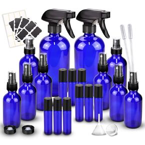 Glass Spray Bottle Kit×10 (2×16oz, 2×4oz, 6×2oz), 9×10ml Roller Bottles, Anti UV, Multi Size and Versatile, Suitable for Aromatherapy, Facial Moisturizing, Watering, etc.(Amber)