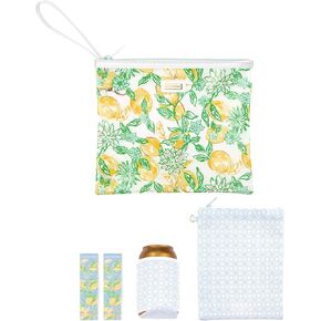 Lilly Pulitzer Water Resistant Vinyl Beach Day Pouch, Zipper Bag Includes Drink Hugger, Small Pouch, and Towel Clips, Make Lemonade