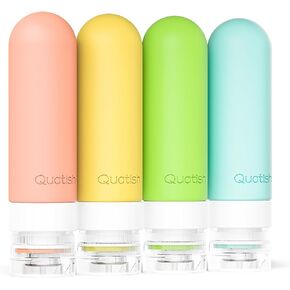 Quatish Travel Bottles for Toiletries, Original Patented Leak Proof Travel Size Containers, 3 oz Tsa Approved Silicone Shampoo and Conditioner Bottles, 4 Pack, Multi-Color