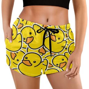 visesunny Cute Yellow Duck Cartoon Animal Swim Trunks for Women Casual Shorts Ladies Summer Beach Boardshorts with Pockets Swimsuit Bottoms