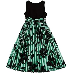 Girl's Floral Dress Summer Sleeveless Vintage Pleated Tank Dresses with Belt