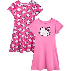 Hello Kitty Girls Skater Dresses – 2 Pack Short Sleeve Cute Casual Flare Dresses for Little and Big Girls (Sizes: 2T-12)
