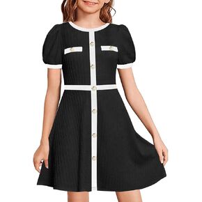 YOVION Girls Summer Dress Puff Sleeve Crewneck Button Color Block Casual Party Dresses with Pockets for 6-12 Y