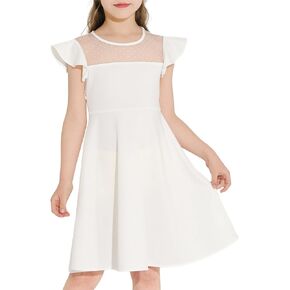 فتيات اللباس الصيفي الأكمام الكشكشة Crewneck Polka Dot Mesh A Line Disual Party Dresses