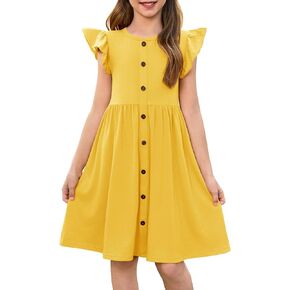 Haloumoning Girls Dress Kids Flutter Sleeve A-Line Button Down Sundress Casual Midi Dresses 5-14 Years