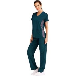 Minty Mint Women’s V Neck Stretch Scrub Medical Scrub Set W Side Planels Carribean XS