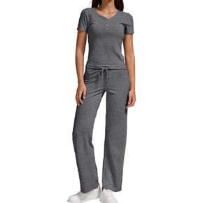 Women's 2 Piece Set Lounge Outfits Button Slim Short Sleeve Tops Elastic Waist Straight Leg Pants Spring Sweatsuit