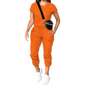 PINSV Women's 2 Piece Outfits Tracksuit Sets Short Sleeve Tops Jogger Pants with Pockets Orange 2XL