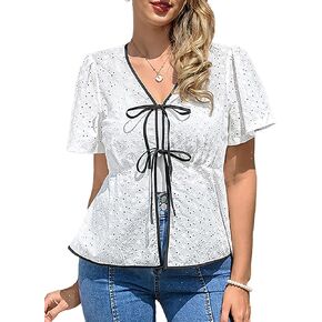 Belle Poque Women’s Tie Front Tops 2025 Summer Trendy Hollow Out Eyelet Short Sleeve Peplum Blouse Cute Babydoll Tops