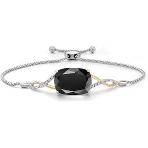 GEM Stone King 10.62 CTTW Black Onyx and Lab Grown Diamond 925 Silver و 10K صفراء ذهبية للنساء | الأحجار الكريمة المولد | سوار بولو قابل للتعديل للنساء | سهل الإيقاف