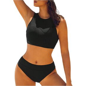 SweatyRocks Women's 2 Piece Swimsuit Criss Cross Back Bikini Set Crewneck Bathing Suit